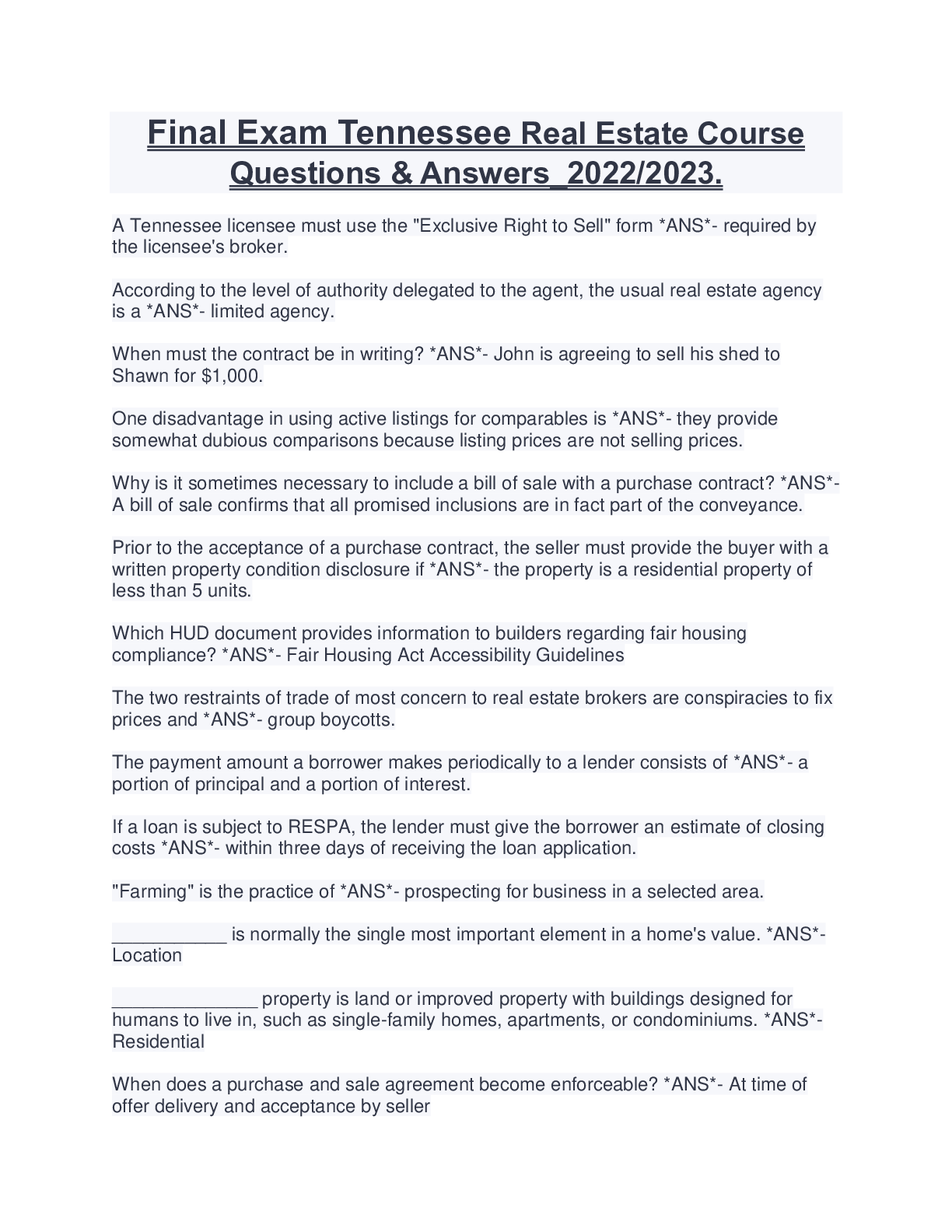 Final Exam Tennessee Real Estate Course Questions & Answers